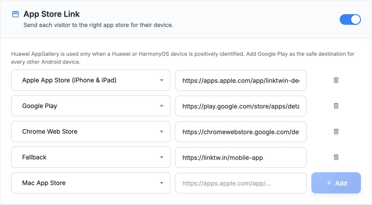 The App Store Link section of the link editor, switched on, with rows for Apple App Store (iPhone and iPad), Google Play, Chrome Web Store and a Fallback URL, and a row to add the Mac App Store.