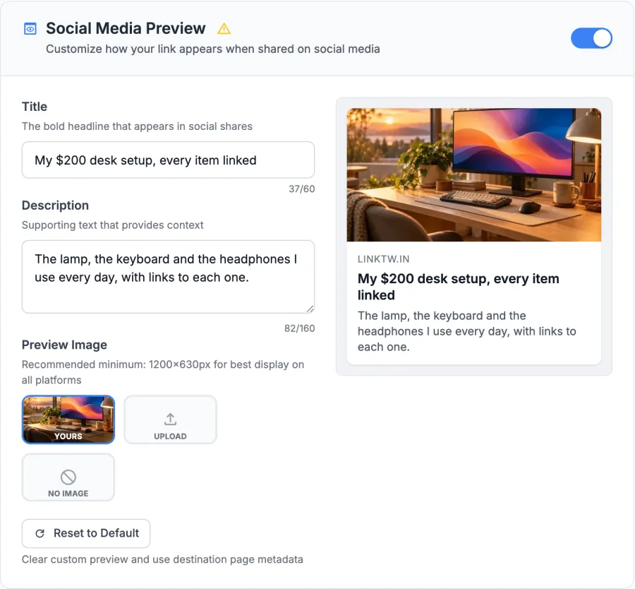 The Social Media Preview section of a LinkTwin link: title, description, preview image choices and the live preview card.