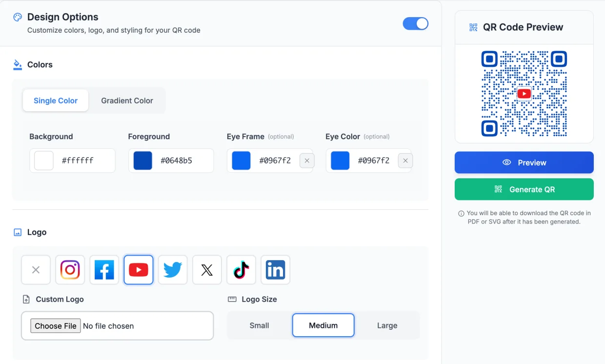 The LinkTwin QR code editor: colors, eye colors and a YouTube logo, with a live preview of a blue dotted QR code