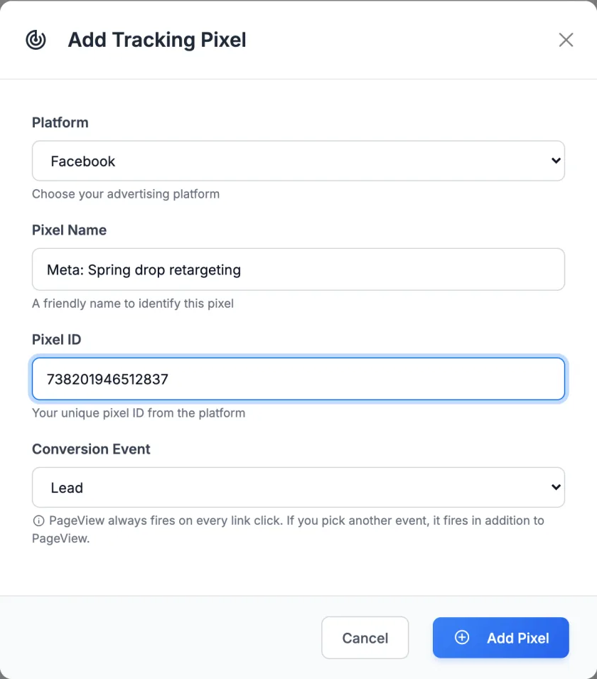 The Add Tracking Pixel form in LinkTwin: platform Facebook, a pixel name, the pixel ID and the Lead conversion event.