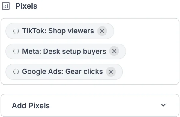 A link's Pixels field with three pixels attached: TikTok, Meta and Google Ads.