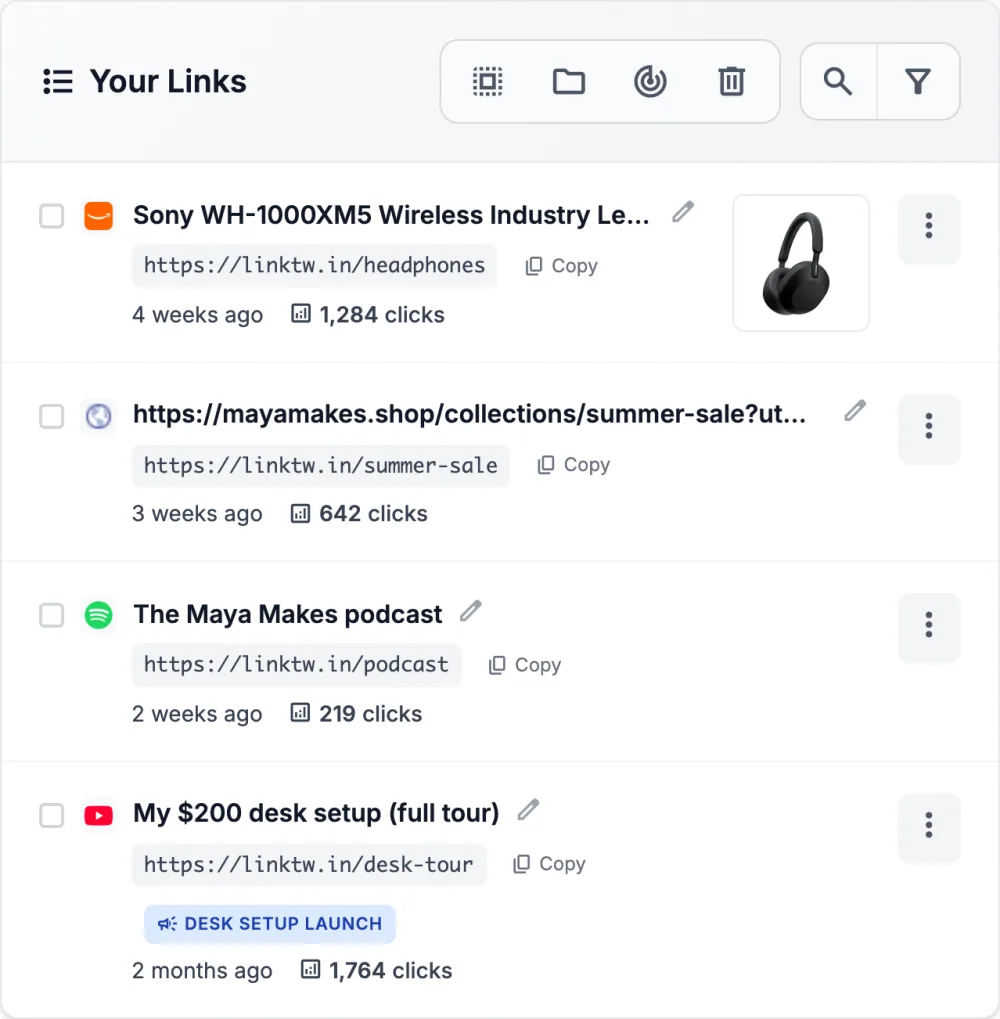 The Your Links list in the LinkTwin dashboard, with short links like linktw.in/headphones and their click counts